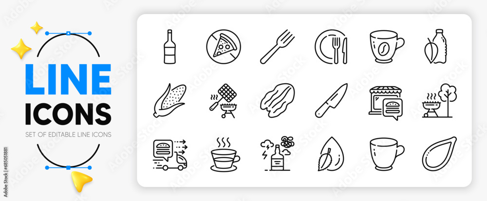 Tea cup, Water drop and Alcohol addiction line icons set for app include Wine, Water bottle, Pecan nut outline thin icon. Food delivery, Knife, Dish pictogram icon. Pumpkin seed. Vector