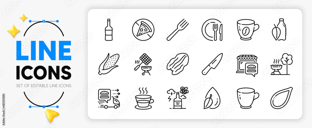 Tea cup, Water drop and Alcohol addiction line icons set for app include Wine, Water bottle, Pecan nut outline thin icon. Food delivery, Knife, Dish pictogram icon. Pumpkin seed. Vector Tea cup, Water drop and Alcohol addiction line icons set for app include Wine, Water bottle, Pecan nut outline thin icon. Food delivery, Knife, Dish pictogram icon. Pumpkin seed. Vector
