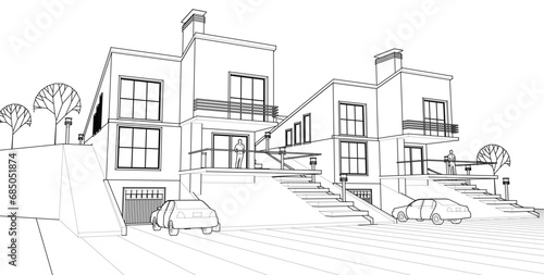 townhouse architectural sketch 3d illustration	
 photo