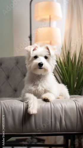 Cute West Highland White Terrier dog on sofa in living room