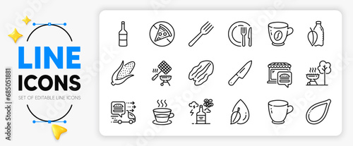 Tea cup, Water drop and Alcohol addiction line icons set for app include Wine, Water bottle, Pecan nut outline thin icon. Food delivery, Knife, Dish pictogram icon. Pumpkin seed. Vector