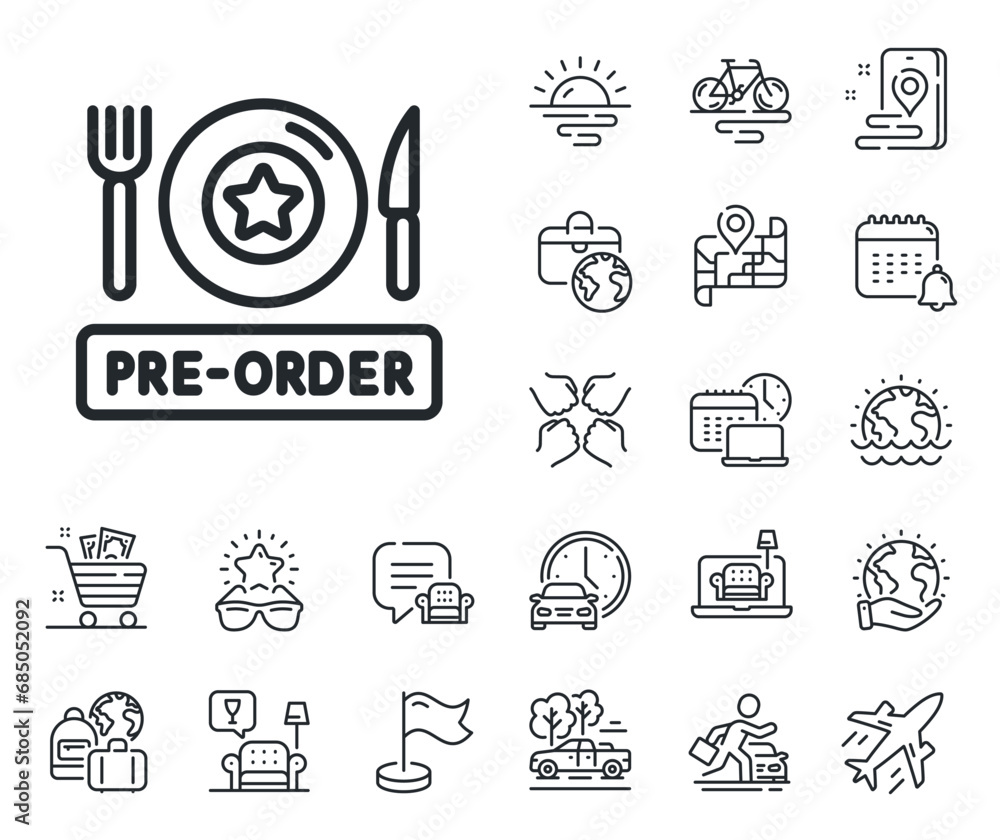 Order meal sign. Plane jet, travel map and baggage claim outline icons. Pre-order food line icon. Restaurant plate, fork and knife symbol. Pre-order food line sign. Vector