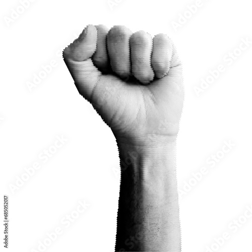 Halftone dotted human hand fist for trendy y2k retro collage. Vector textured male strong knuckle up, fight gesture