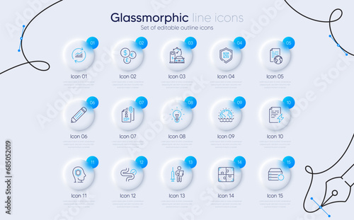 Set of Charging station, Update data and Qr code line icons for web app. Pencil, Puzzle, Power certificate icons. Idea, Disaster, Vaccination announcement signs. Digestion, Attached info. Vector