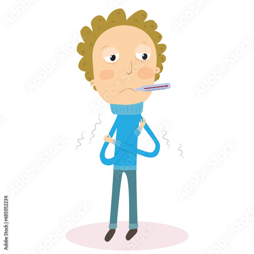 Boy with flu. Having a cold with thermometer in his mouth. Vector Illustration.	