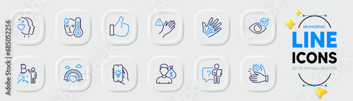 Heart, Like and Bitcoin project line icons for web app. Pack of Check eye, Lgbt, Electric app pictogram icons. Dont touch, Fever, Search employee signs. Clapping hands, Salary, Veins. Vector