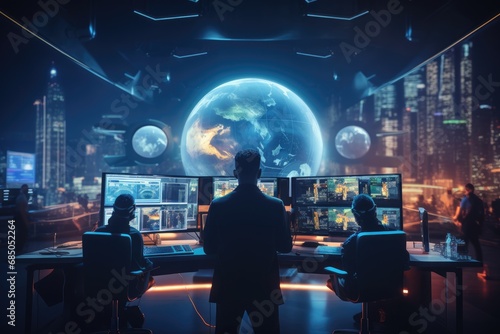 Fototapeta Naklejka Na Ścianę i Meble -  Back view of businessman looking at planet earth and other monitors. Technology concept, Futuristic cybersecurity workspace with a team of security professionals collaborating, AI Generated