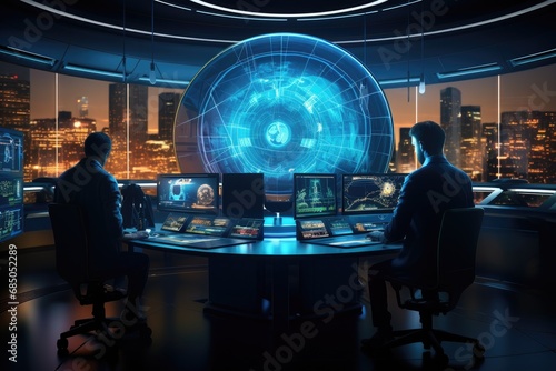 Silhouette of businessman working on his laptop in modern office at night, Futuristic cybersecurity workspace with a team of security professionals collaborating, AI Generated