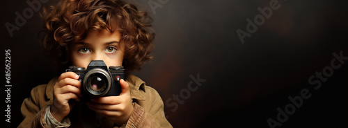 Portrait of a curly-haired child, young photographer with big eyes with a camera on a dark background. Retro advertising banner with copy space, panorama