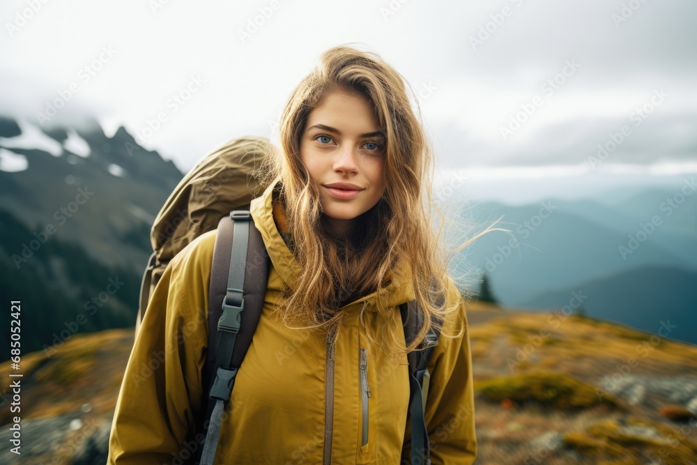 gen z woman travels through the mountains of wild nature. AI Generated gen z woman travels through the mountains of wild nature. AI Generated