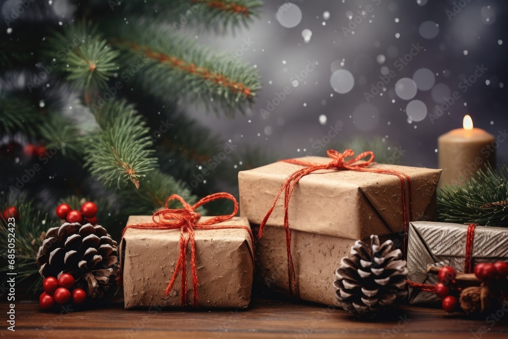 Christmas gift boxes and fir tree branches on wooden table. Christmas background, christmas and new year background - gift boxes and pine cones and branches on the background, AI Generated Christmas gift boxes and fir tree branches on wooden table. Christmas background, christmas and new year background - gift boxes and pine cones and branches on the background, AI Generated