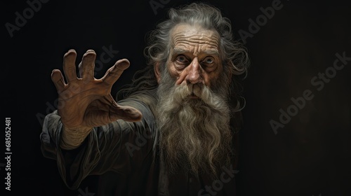 an old man with long white hair and beard in the black shadow looking into camera with his hand towards it. Generatvie AI