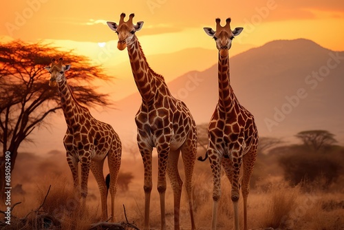 Group of giraffes in savannah at sunset, South Africa, giraffe walking in the savannah, AI Generated