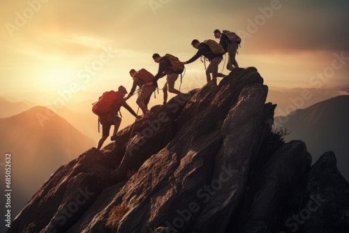 Group of hikers climbing on top of a mountain at sunset. Concept of active lifestyle, Group of people on a peak mountain climbing, assisting in teamwork, AI Generated