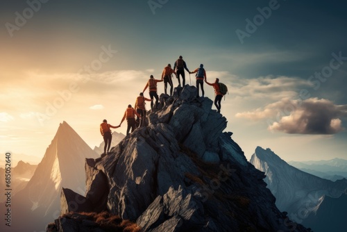 Group of climbers on the peak of a mountain,3d render, Group of people on a peak mountain climbing, assisting in teamwork, AI Generated