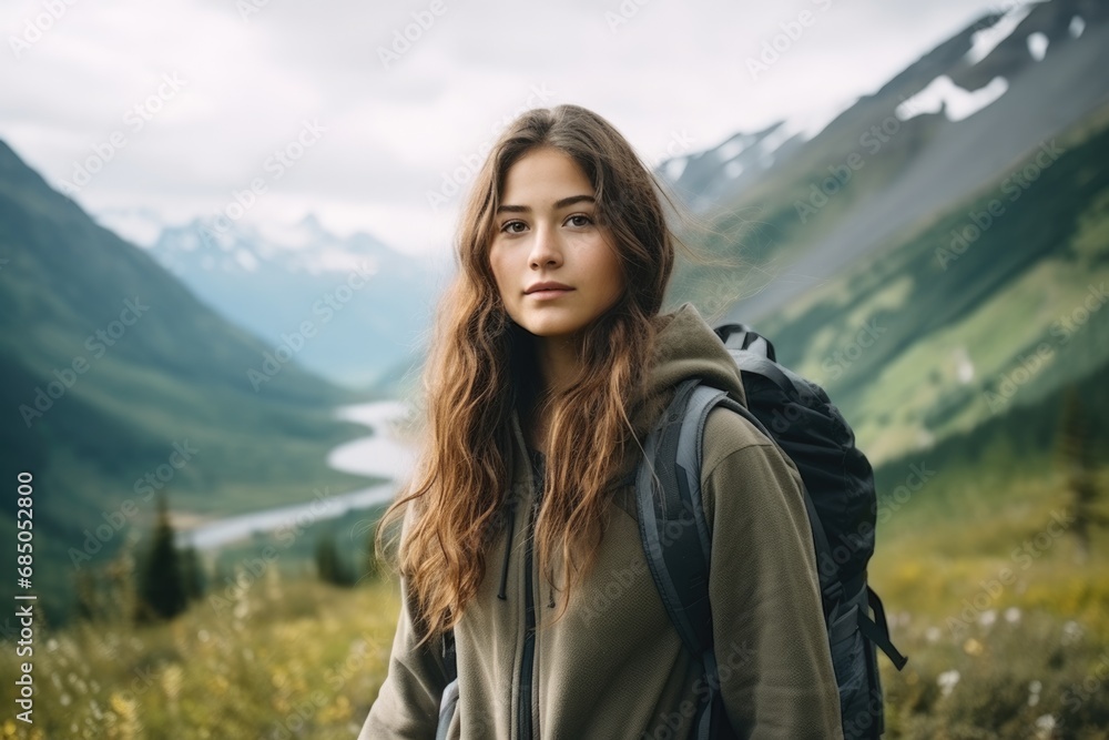 gen z woman travels through the mountains of wild nature. AI Generated