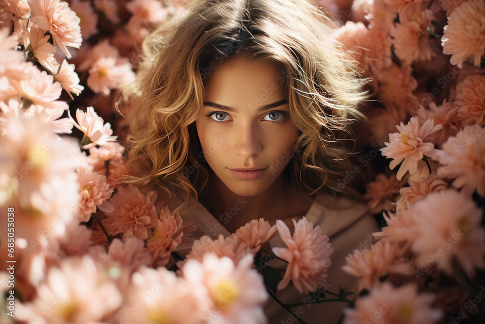 portrait of a young girl with many flowers of different types surrounding her head portrait of a young girl with many flowers of different types surrounding her head