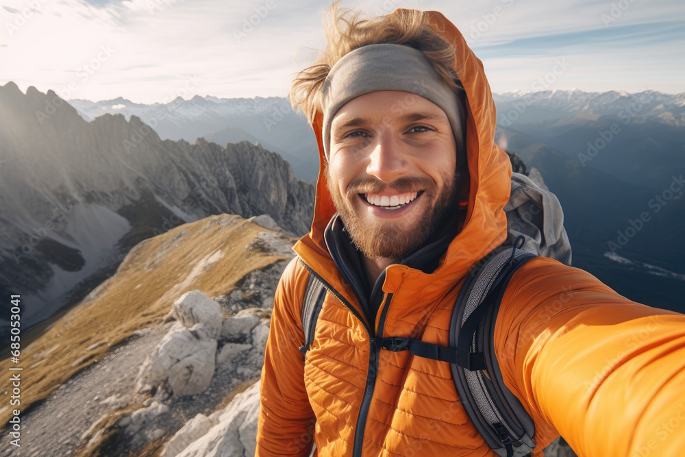 Young hiker man taking selfie portrait on the top of mountain