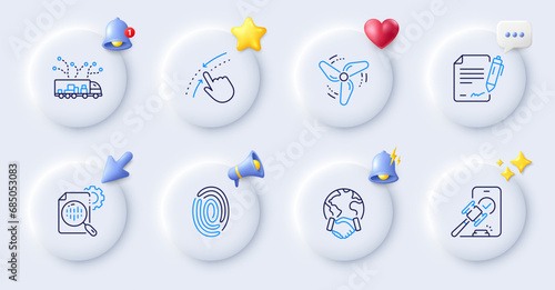 Global business, Truck delivery and Auction line icons. Buttons with 3d bell, chat speech, cursor. Pack of Wind energy, Swipe up, Fingerprint icon. Signing document, Seo stats pictogram. Vector