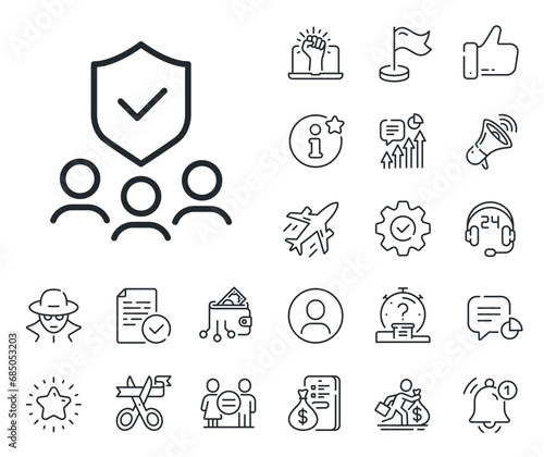 Body guard sign. Salaryman, gender equality and alert bell outline icons. Security agency line icon. Private protection symbol. Security agency line sign. Spy or profile placeholder icon. Vector