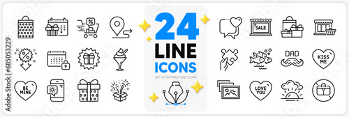 Icons set of Marketplace, Discounts cart and Gift box line icons pack for app with Puzzle, Ice cream, Be mine thin outline icon. Weather phone, Photo album, Surprise gift pictogram. Vector
