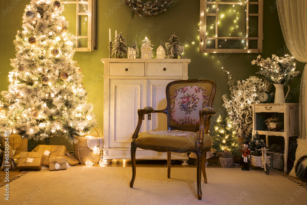 Beautiful holdiay decorated room with Christmas tree with presents under it Beautiful holdiay decorated room with Christmas tree with presents under it