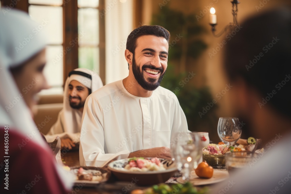 Handsome arabic man is talking to his family and smiling while having dinner at home, Handsome arabian man talking to cheerful multicultural muslim family during dinner, AI Generated - obrazy, fototapety, plakaty 