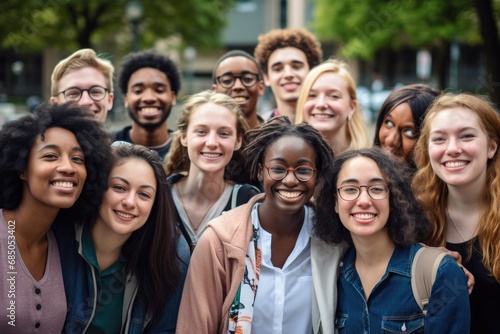 Group of diverse friends standing together and looking at camera in the street, Group photo of happy joyful diverse multiracial college, AI Generated