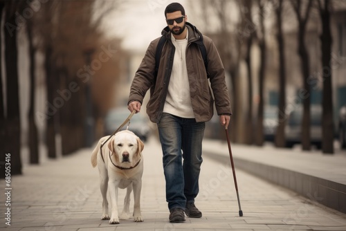 Man with a guide dog walking in the street in the city, Guide dog is helping a blind man, AI Generated