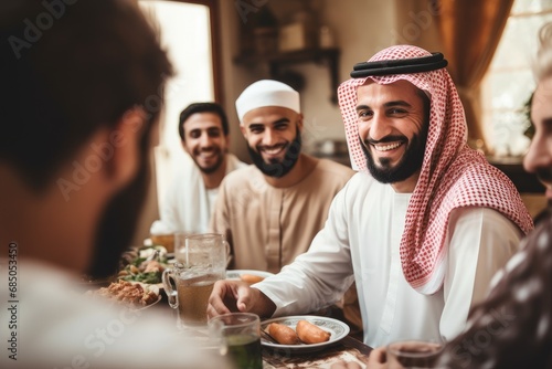 Group of arabic people having dinner together while sitting at table, Handsome arabian man talking to cheerful multicultural muslim family during dinner, AI Generated photo