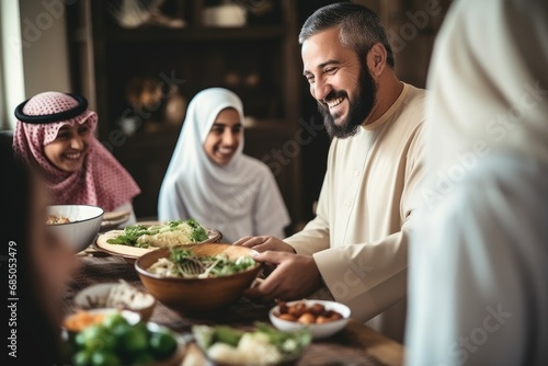 Muslim family having dinner together at home. Muslim man and woman sitting at table and eating healthy food, Handsome arabian man talking to cheerful multicultural muslim, AI Generated photo