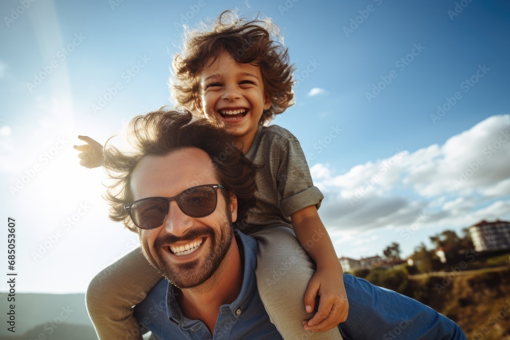 Portrait of a happy father and his son having fun outdoors, Happy father piggybacking son on sunny day, AI Generated Portrait of a happy father and his son having fun outdoors, Happy father piggybacking son on sunny day, AI Generated