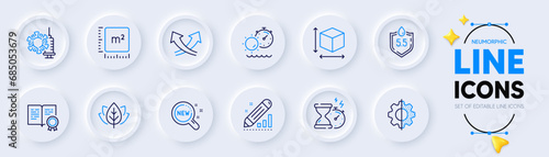 Organic tested, Ph neutral and Edit statistics line icons for web app. Pack of Square meter, Hourglass timer, Transform pictogram icons. Coronavirus vaccine, New products, Tanning time signs. Vector
