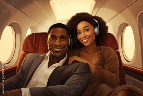 Happy african american man and woman in headphones sitting in airplane cabin, Happy smiling black couple is flying in an airplane in first class, AI Generated