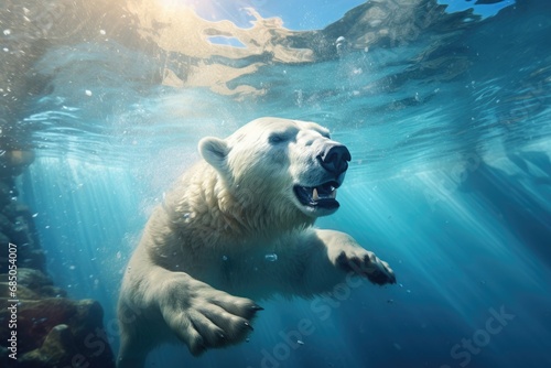 Polar bear swimming underwater in the ocean. 3D Rendering, A polar bear swimming underwater in a playful environment, AI Generated