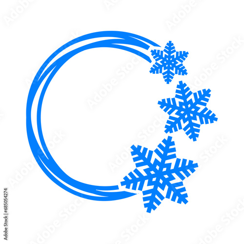 Tiempo de Navidad. Logo con marco circular con líneas con silueta de copos de nieve para su uso en tarjeta y felicitaciones
