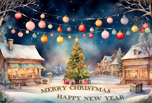 Merry Christmas. Happy New Year. Greeting card festive Christmas market
