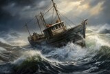 Fishing boat in stormy sea, 3d rendering. Computer digital drawing, A vintage fishing boat navigating rough seas, AI Generated
