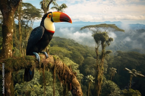 Toucan sitting on a branch in the rainforest of Costa Rica, A toucan overlooking the Amazon rainforest, AI Generated