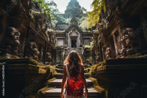 A young woman in a red dress is standing in front of the temple of Angkor Wat, A tourist woman with a backpack on vacation, walking through the Hindu temple in Bali, Indonesia, AI Generated