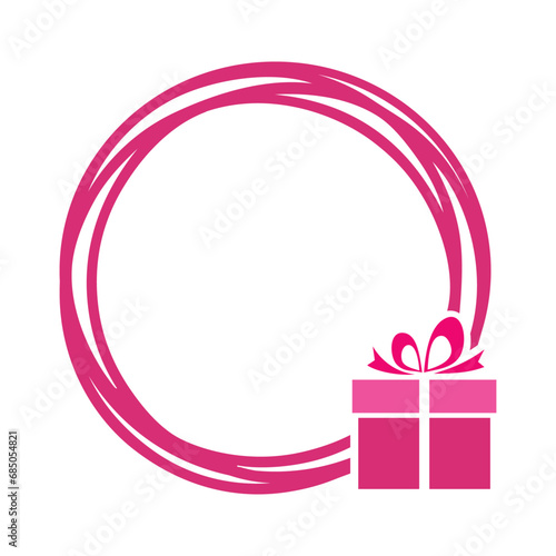 Logo del día de San Valentín. Logo con marco circular con líneas con silueta de caja de regalo con lazo de cinta para su uso en felicitaciones y tarjetas