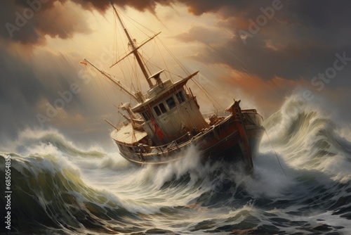 Abandoned fishing boat in stormy sea, 3d illustration, A vintage fishing boat navigating rough seas, AI Generated