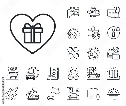 Present or Sale sign. Plane jet, travel map and baggage claim outline icons. Love Gift box line icon. Birthday Shopping symbol. Package in Gift Wrap. Romantic gift line sign. Vector