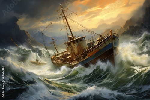 Fotografia Old ship in stormy sea with storm waves