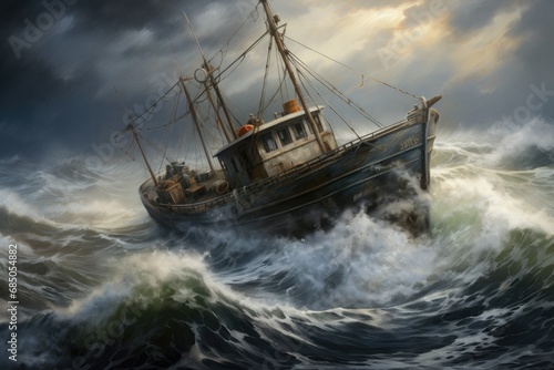 Fototapeta Fishing boat in stormy sea, 3d rendering