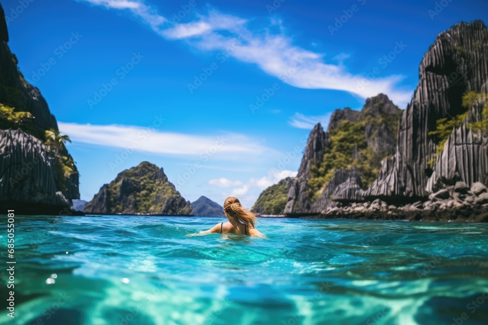 Young woman in the lagoon of El Nido, Palawan, Philippines, A young woman swimming in clear sea water in a lagoon and looking at a beautiful landscape, AI Generated - obrazy, fototapety, plakaty 