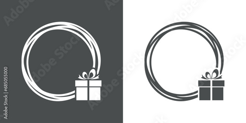 Tiempo de Navidad. Logo con marco circular con líneas con silueta de caja de regalo con lazo de cinta para su uso en felicitaciones y tarjetas photo