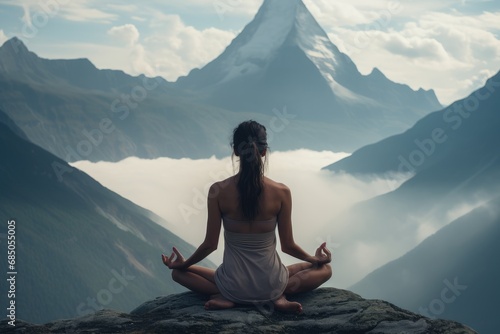 Young woman meditating in yoga lotus pose on the top of mountain, A woman doing yoga on the mountain, AI Generated