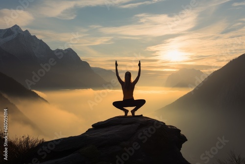 Silhouette of a woman practicing yoga on top of a mountain at sunrise, A woman doing yoga on the mountain, AI Generated