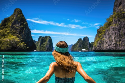 Young woman in turquoise water at Maya bay, Phi Phi island, Thailand, A young woman swimming in clear sea water in a lagoon and looking at a beautiful landscape, AI Generated photo